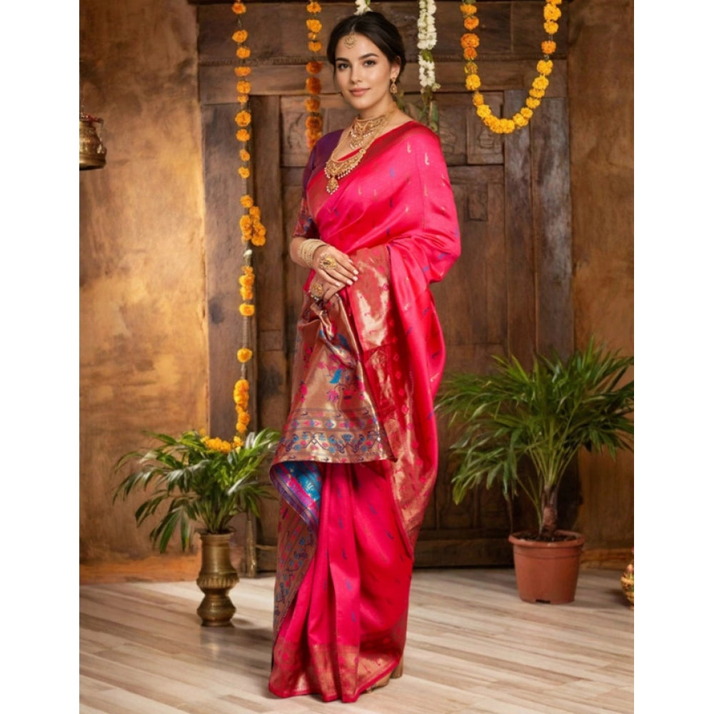Generic Women's Silk Blend Zari Woven Saree With Unstitched Blouse 5.5Mtr (Pink)