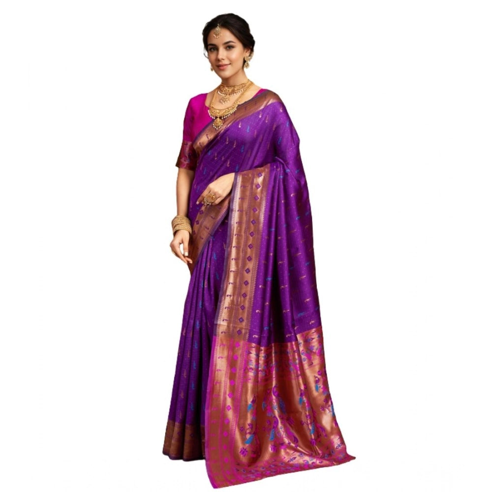 Generic Women's Silk Blend Zari Woven Saree With Unstitched Blouse 5.5Mtr (Purple)