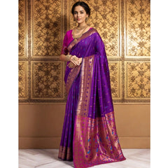 Generic Women's Silk Blend Zari Woven Saree With Unstitched Blouse 5.5Mtr (Purple)