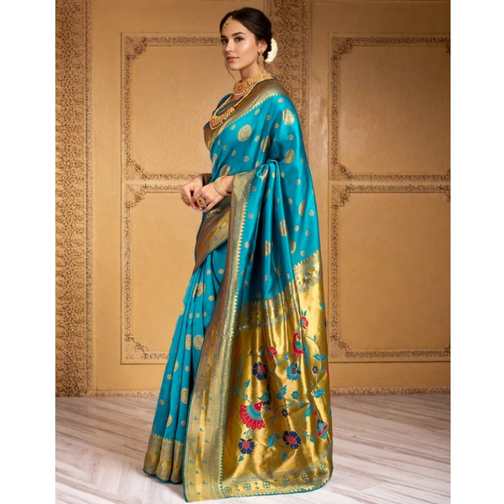 Generic Women's Silk Blend Paithani Saree With Unstitched Blouse 5.5Mtr (Rama)