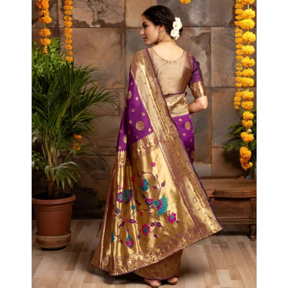 Generic Women's Silk Blend Paithani Saree With Unstitched Blouse 5.5Mtr (Purple)