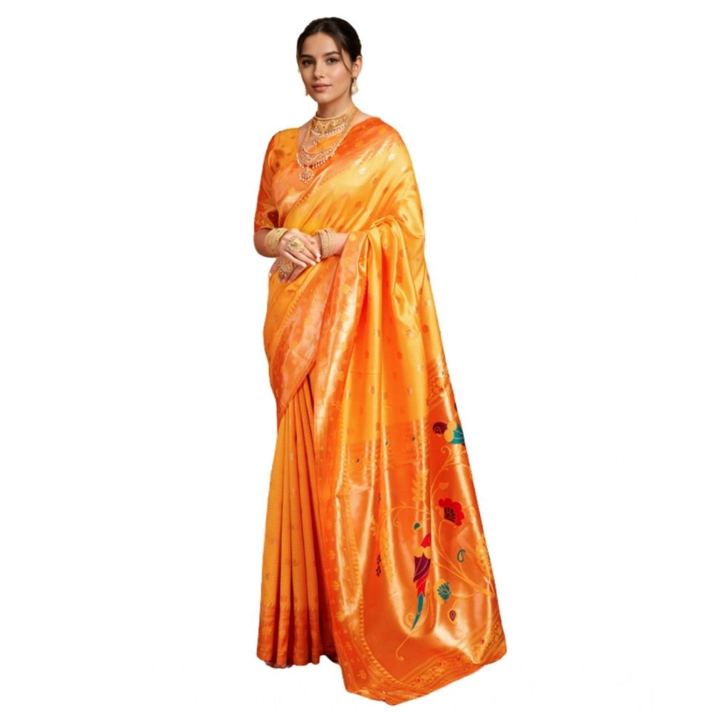 Generic Women's Silk Blend Woven Saree With Unstitched Blouse 5.5Mtr (Orange)