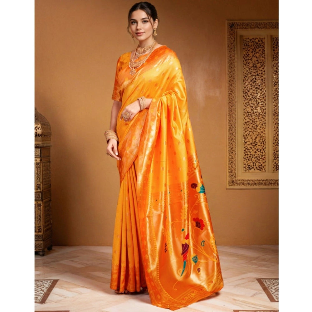 Generic Women's Silk Blend Woven Saree With Unstitched Blouse 5.5Mtr (Orange)