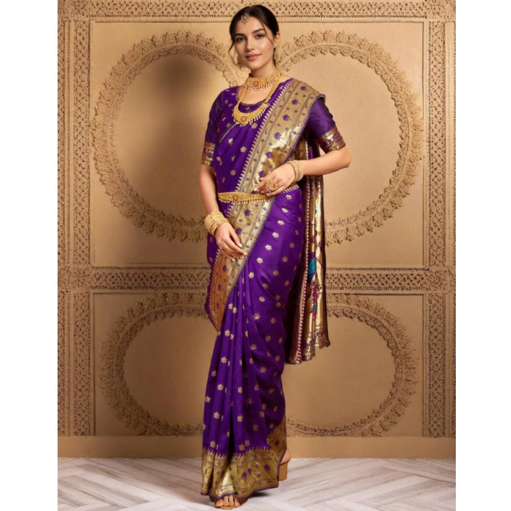 Generic Women's Silk Blend Woven Saree With Unstitched Blouse 5.5Mtr (Purple)