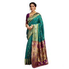 Generic Women's Silk Blend Zari Weaving Saree With Unstitched Blouse 5.5Mtr (Green)