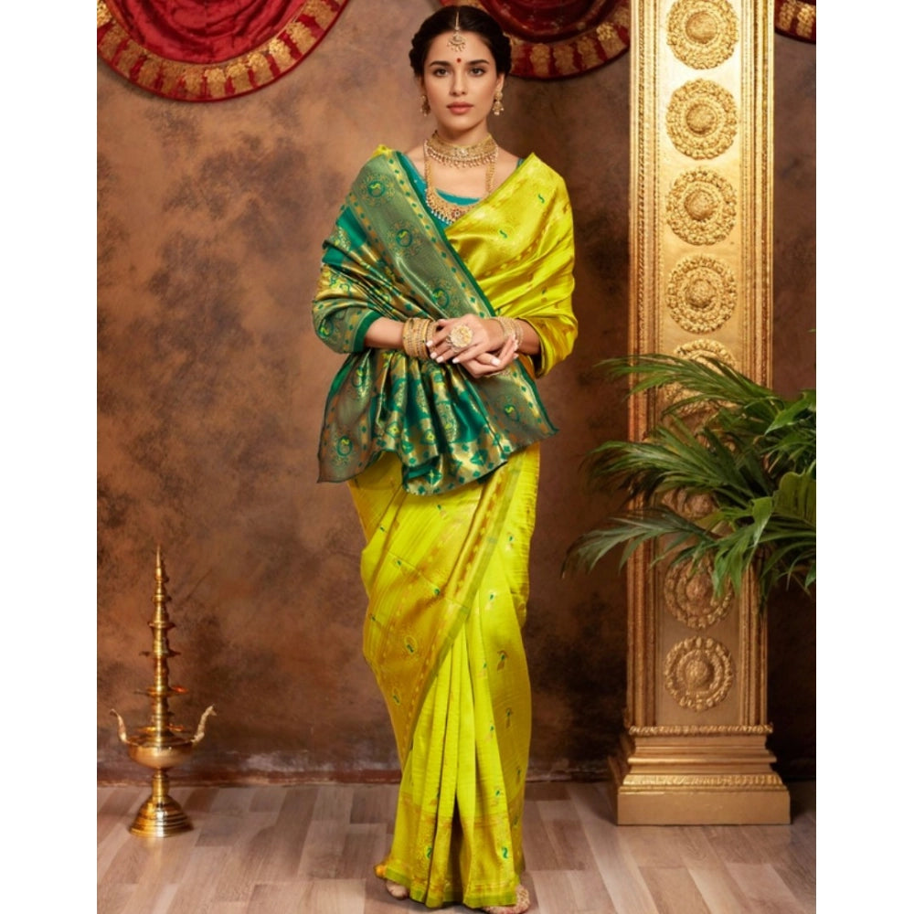 Generic Women's Silk Blend Zari Weaving Saree With Unstitched Blouse 5.5Mtr (Lime-Green)