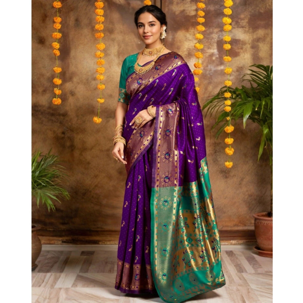 Generic Women's Silk Blend Zari Weaving Saree With Unstitched Blouse 5.5Mtr (Purple)