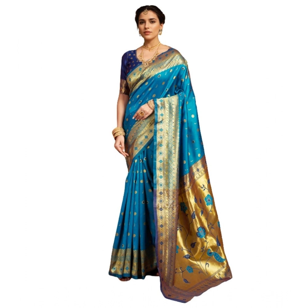 Generic Women's Silk Blend Zari Weaving Saree With Unstitched Blouse 5.5Mtr (Aqua)