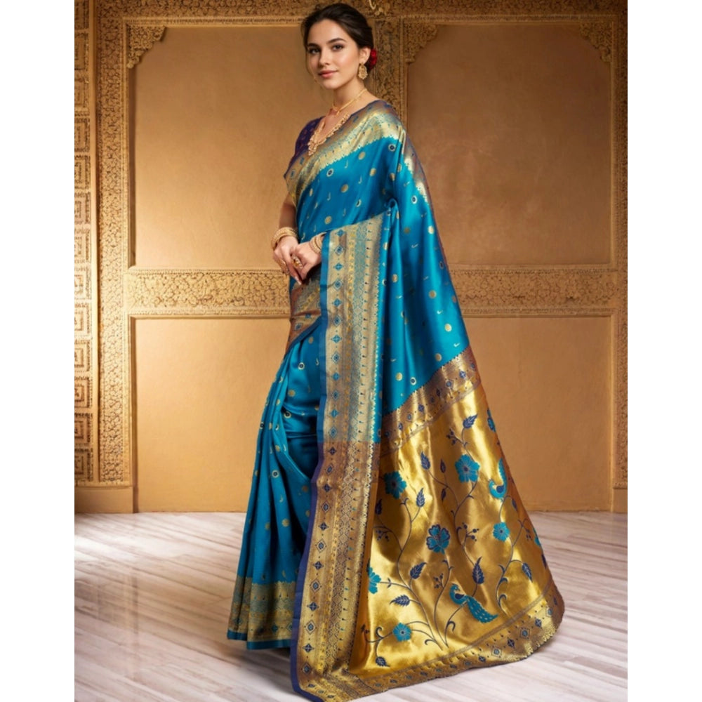 Generic Women's Silk Blend Zari Weaving Saree With Unstitched Blouse 5.5Mtr (Aqua)