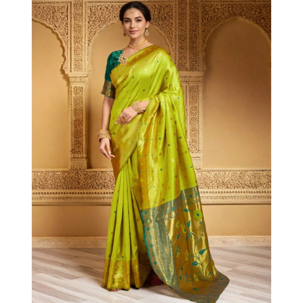 Generic Women's Silk Blend Zari Weaving Saree With Unstitched Blouse 5.5Mtr (Lime-Green)
