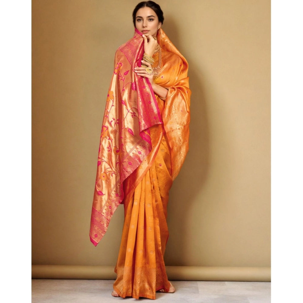Generic Women's Silk Blend Zari Weaving Saree With Unstitched Blouse 5.5Mtr (Orange)