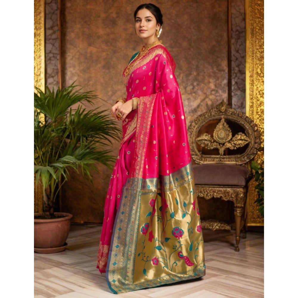 Generic Women's Silk Blend Zari Weaving Saree With Unstitched Blouse 5.5Mtr (Pink)