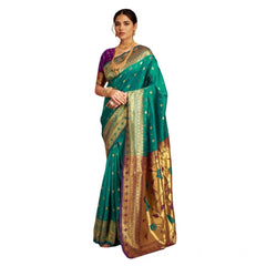 Generic Women's Silk Blend Zari Weaving Saree With Unstitched Blouse 5.5Mtr (Teal)