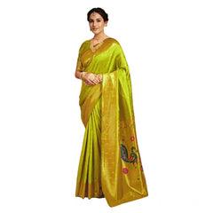 Generic Women's Silk Blend Zari Weaving Saree With Unstitched Blouse 5.5Mtr (Lime-Green)