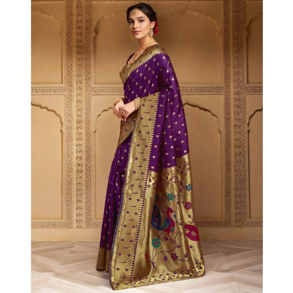Generic Women's Silk Blend Zari Weaving Saree With Unstitched Blouse 5.5Mtr (Purple)