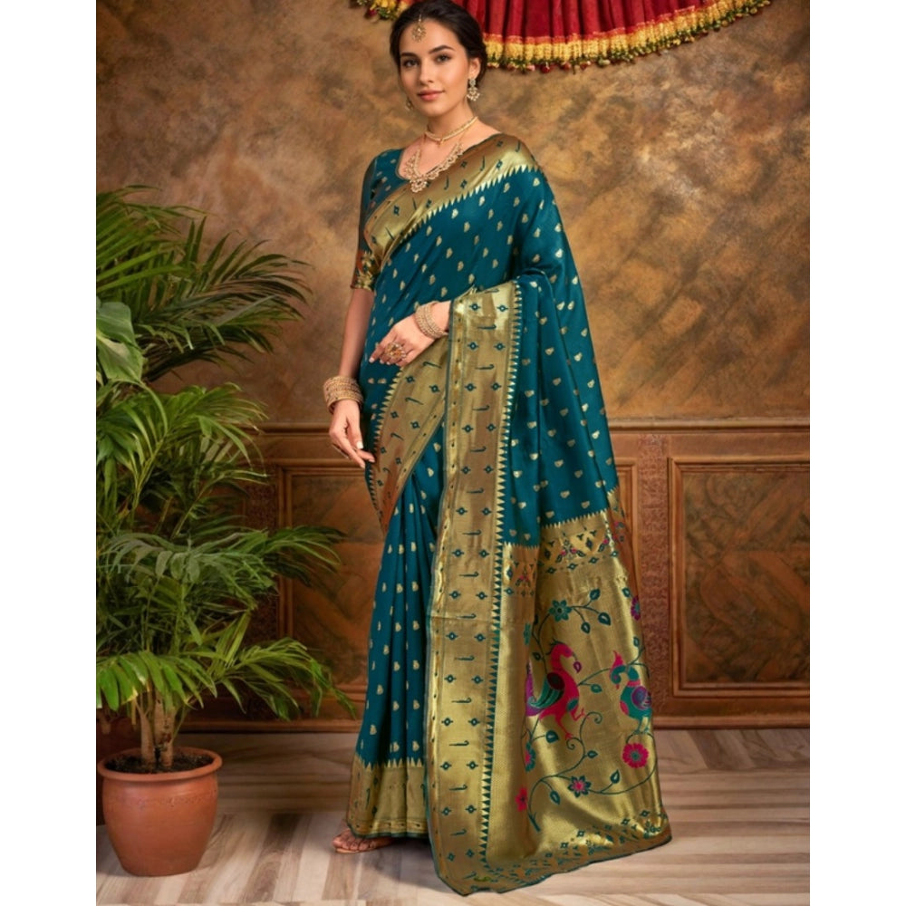 Generic Women's Silk Blend Zari Weaving Saree With Unstitched Blouse 5.5Mtr (Teal)