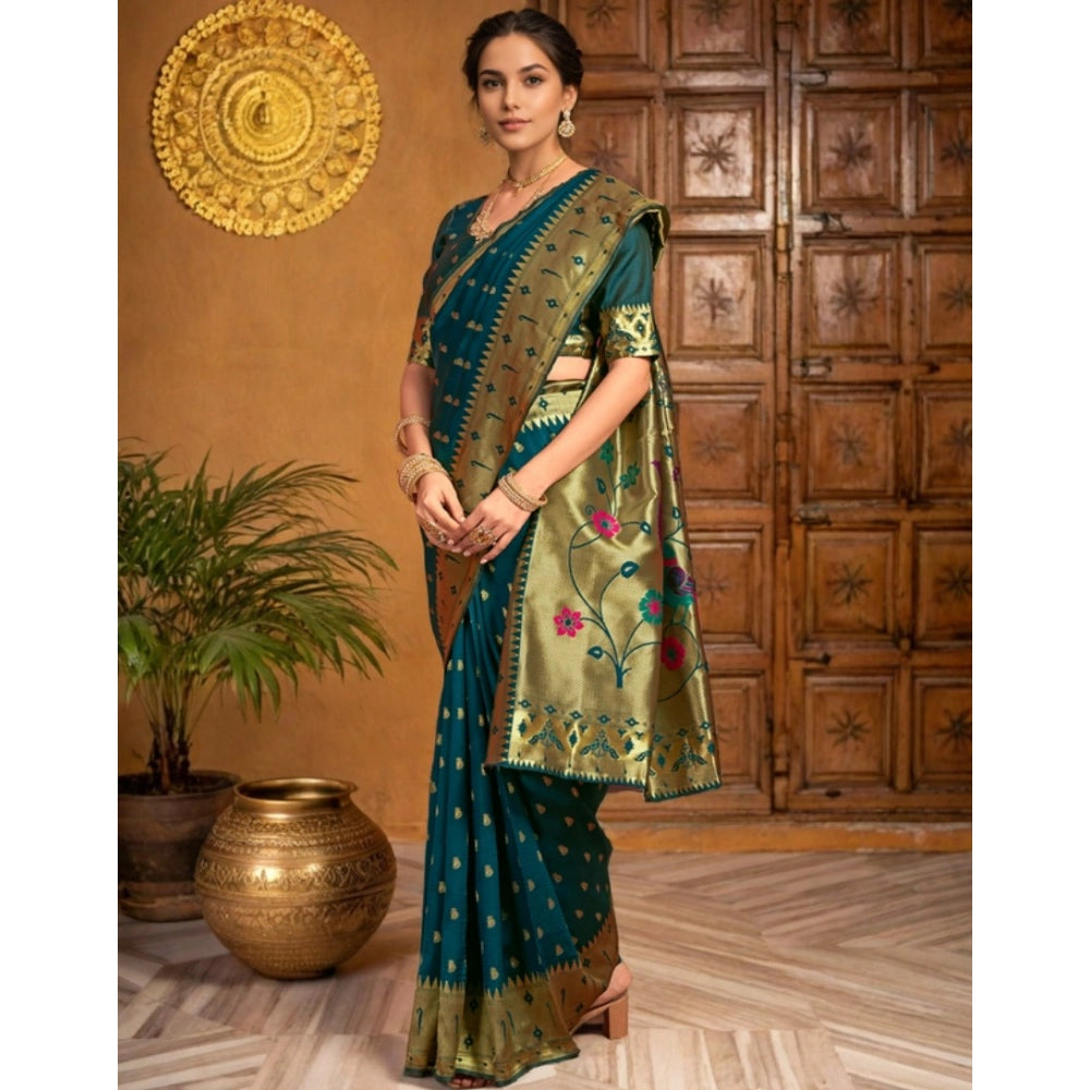 Generic Women's Silk Blend Zari Weaving Saree With Unstitched Blouse 5.5Mtr (Teal)