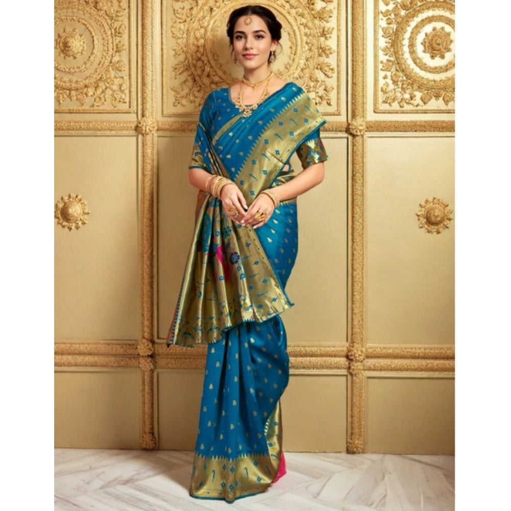 Generic Women's Silk Blend Zari Weaving Saree With Unstitched Blouse 5.5Mtr (Turquoise)