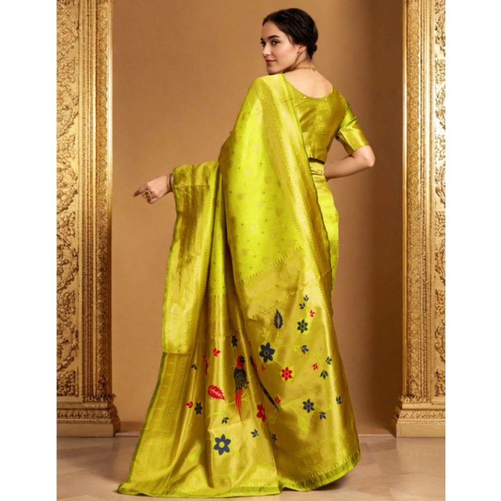Generic Women's Silk Blend Zari Weaving Saree With Unstitched Blouse 5.5Mtr (Lime-Green)