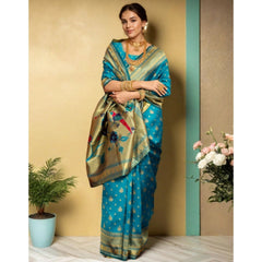 Generic Women's Silk Blend Zari Weaving Saree With Unstitched Blouse 5.5Mtr (Turquoise)