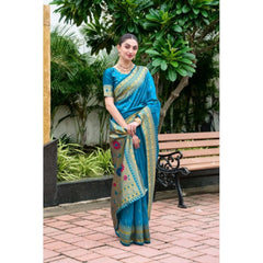 Generic Women's Silk Blend Paithani Weaving Saree With Unstitched Blouse 5.5Mtr (Aqua)