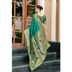 Generic Women's Silk Blend Paithani Weaving Saree With Unstitched Blouse 5.5Mtr (Green)