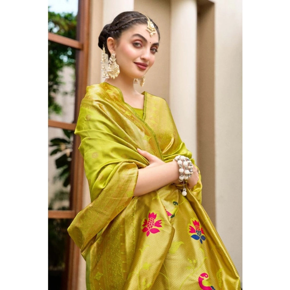 Generic Women's Silk Blend Paithani Weaving Saree With Unstitched Blouse 5.5Mtr (Lime Green)