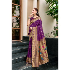 Generic Women's Silk Blend Paithani Weaving Saree With Unstitched Blouse 5.5Mtr (Purple)