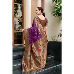 Generic Women's Silk Blend Paithani Weaving Saree With Unstitched Blouse 5.5Mtr (Purple)
