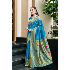 Generic Women's Silk Blend Paithani Weaving Saree With Unstitched Blouse 5.5Mtr (Turquoise)