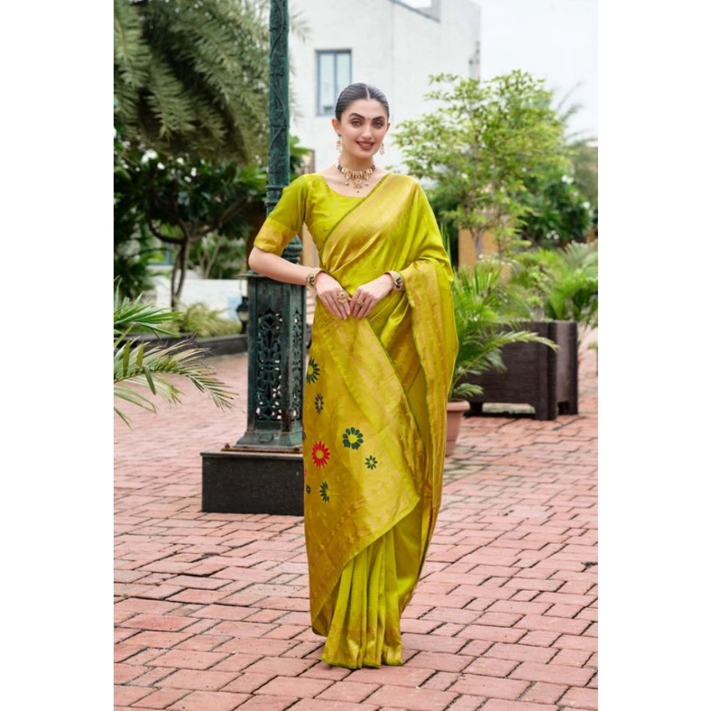 Generic Women's Silk Blend Zari Woven Saree With Unstitched Blouse 5.5Mtr (Lime Green)