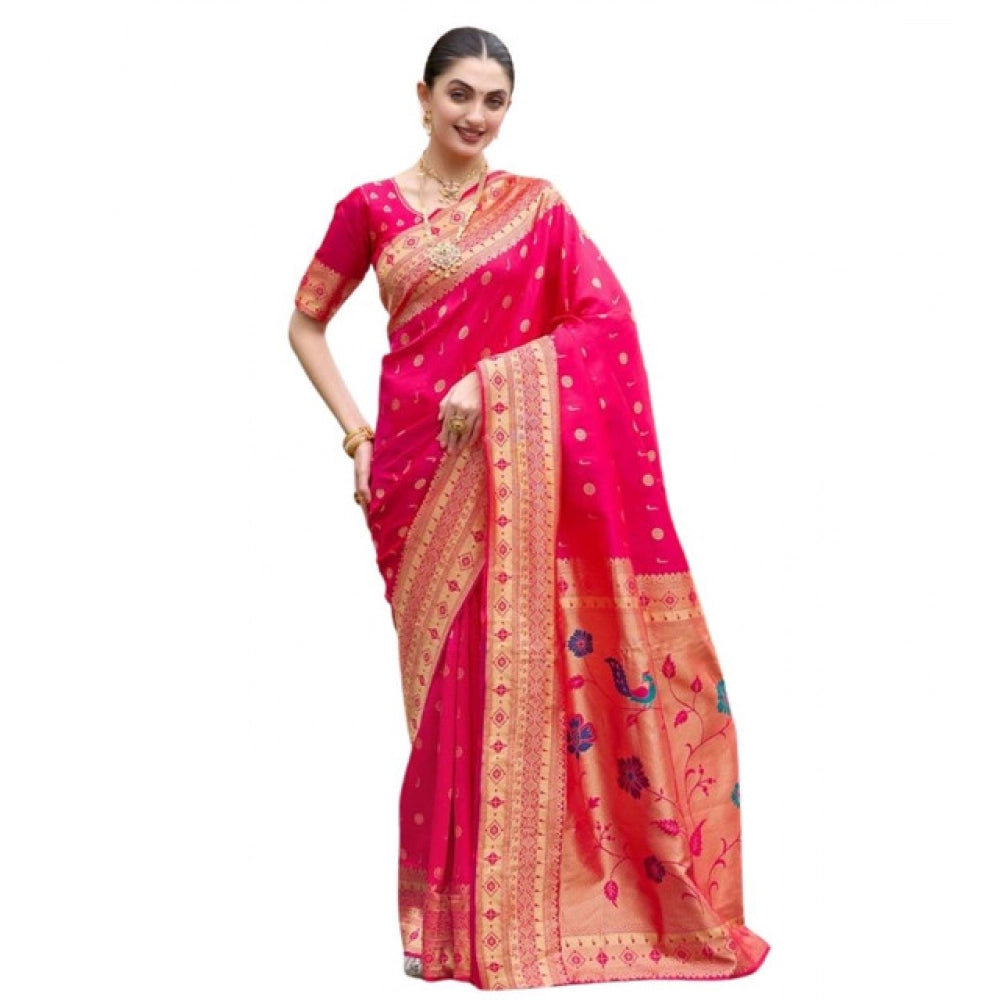 Generic Women's Silk Blend Zari Woven Saree With Unstitched Blouse 5.5Mtr (Red)
