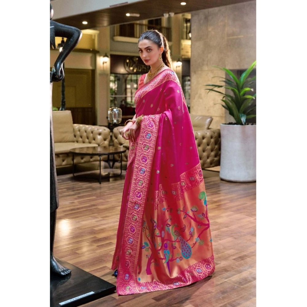 Generic Women's Silk Blend Paithani Weaving Saree With Unstitched Blouse 5.5Mtr (Pink)