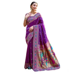 Generic Women's Silk Blend Paithani Weaving Saree With Unstitched Blouse 5.5Mtr (Purple)
