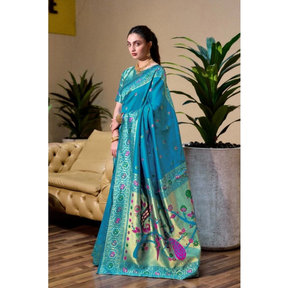 Generic Women's Silk Blend Paithani Weaving Saree With Unstitched Blouse 5.5Mtr (Rama)