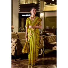 Generic Women's Silk Blend Zari Woven Saree With Unstitched Blouse 5.5Mtr (Lime Green)