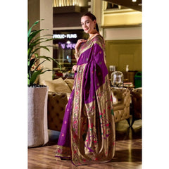 Generic Women's Silk Blend Zari Woven Saree With Unstitched Blouse 5.5Mtr (Purple)
