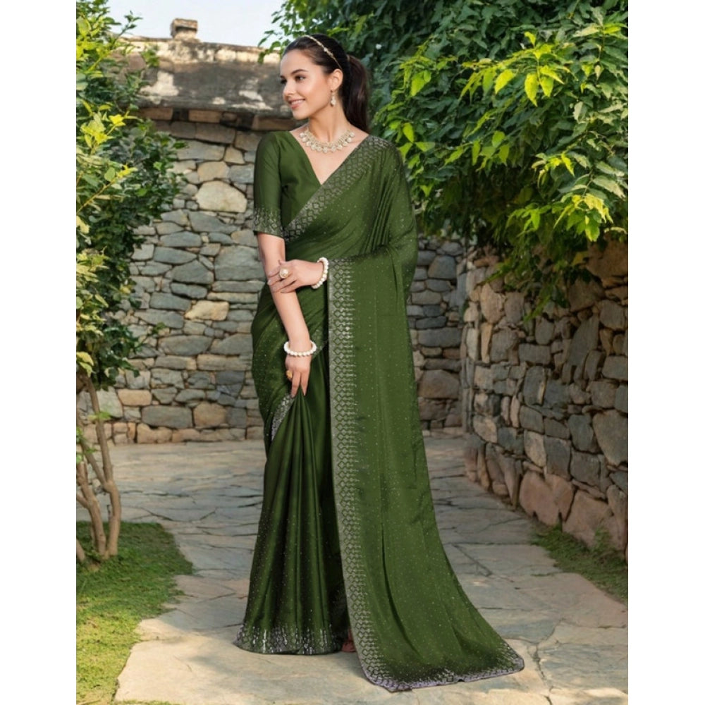 Generic Women's Rangoli Diamond Weaving - Stone Work Saree With Unstitched Blouse 5.5Mtr (Mahendi)