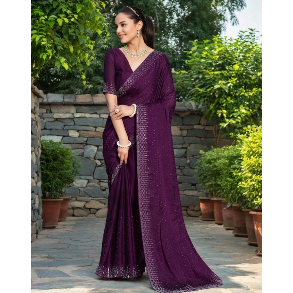 Generic Women's Rangoli Diamond Weaving - Stone Work Saree With Unstitched Blouse 5.5Mtr (Purple)