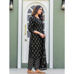 Generic Women's Cotton Blend Printed Kurti With Pant Dupatta Set (Black)