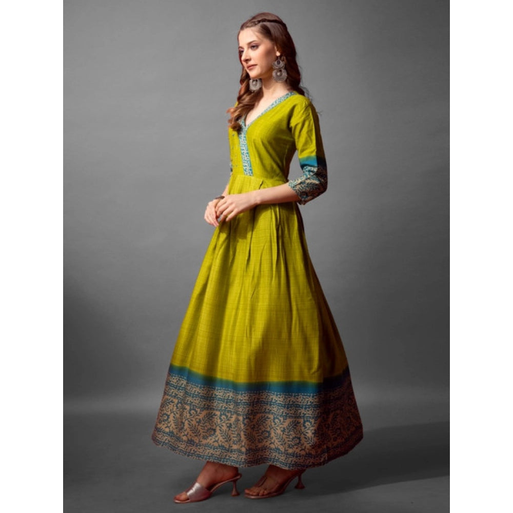 Generic Women's Cotton Blend Printed Anarkali Gown (Green)
