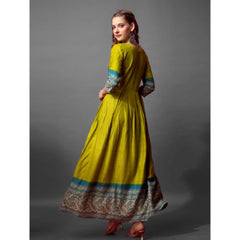 Generic Women's Cotton Blend Printed Anarkali Gown (Green)