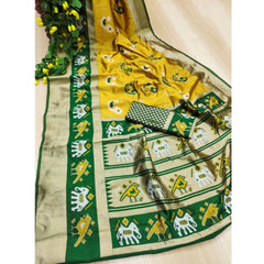 Generic Women's Soft Litchi Silk Jacquard Work Saree With Unstitched Blouse 5.5Mtr (Yellow-Green)