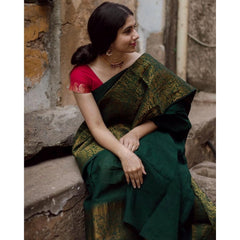 Generic Women's Soft Lichi Silk Printed Saree With Unstitched Blouse 5.5Mtr (Green)
