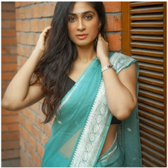 Generic Women's Soft Lichi Silk Printed Saree With Unstitched Blouse 5.5Mtr (Sky-Blue)