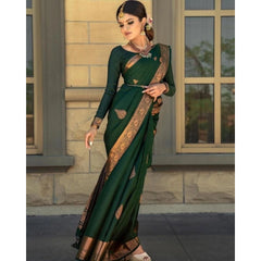 Generic Women's Soft Lichi Silk Printed Saree With Unstitched Blouse 5.5Mtr (Green)