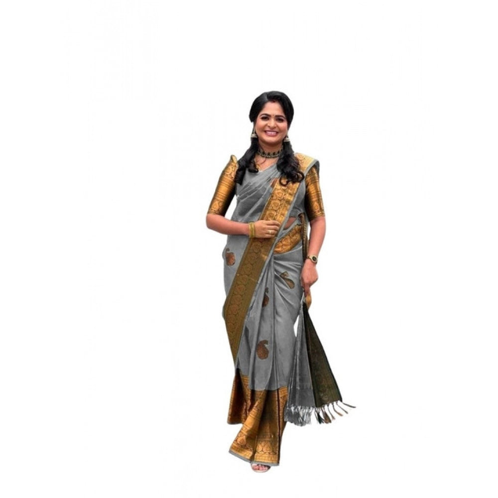 Generic Women's Soft Lichi Silk Printed Saree With Unstitched Blouse 5.5Mtr (Grey)