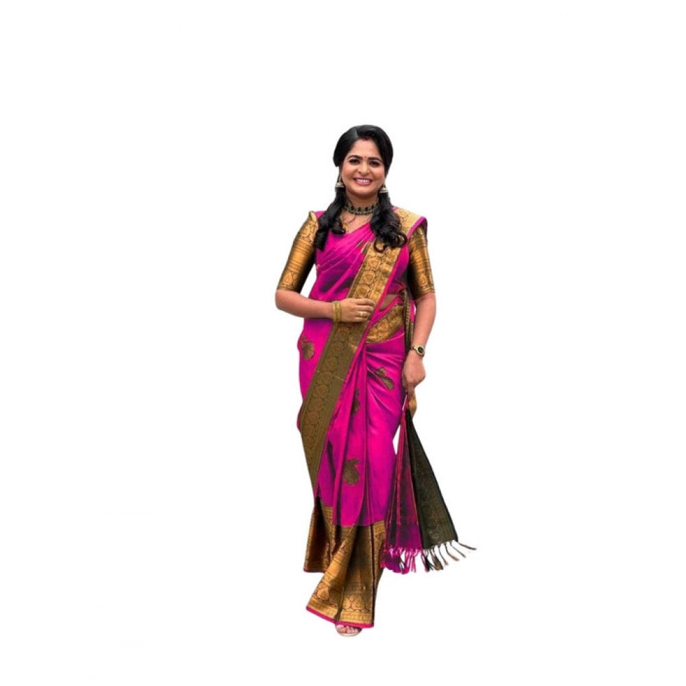 Generic Women's Soft Lichi Silk Printed Saree With Unstitched Blouse 5.5Mtr (Pink)