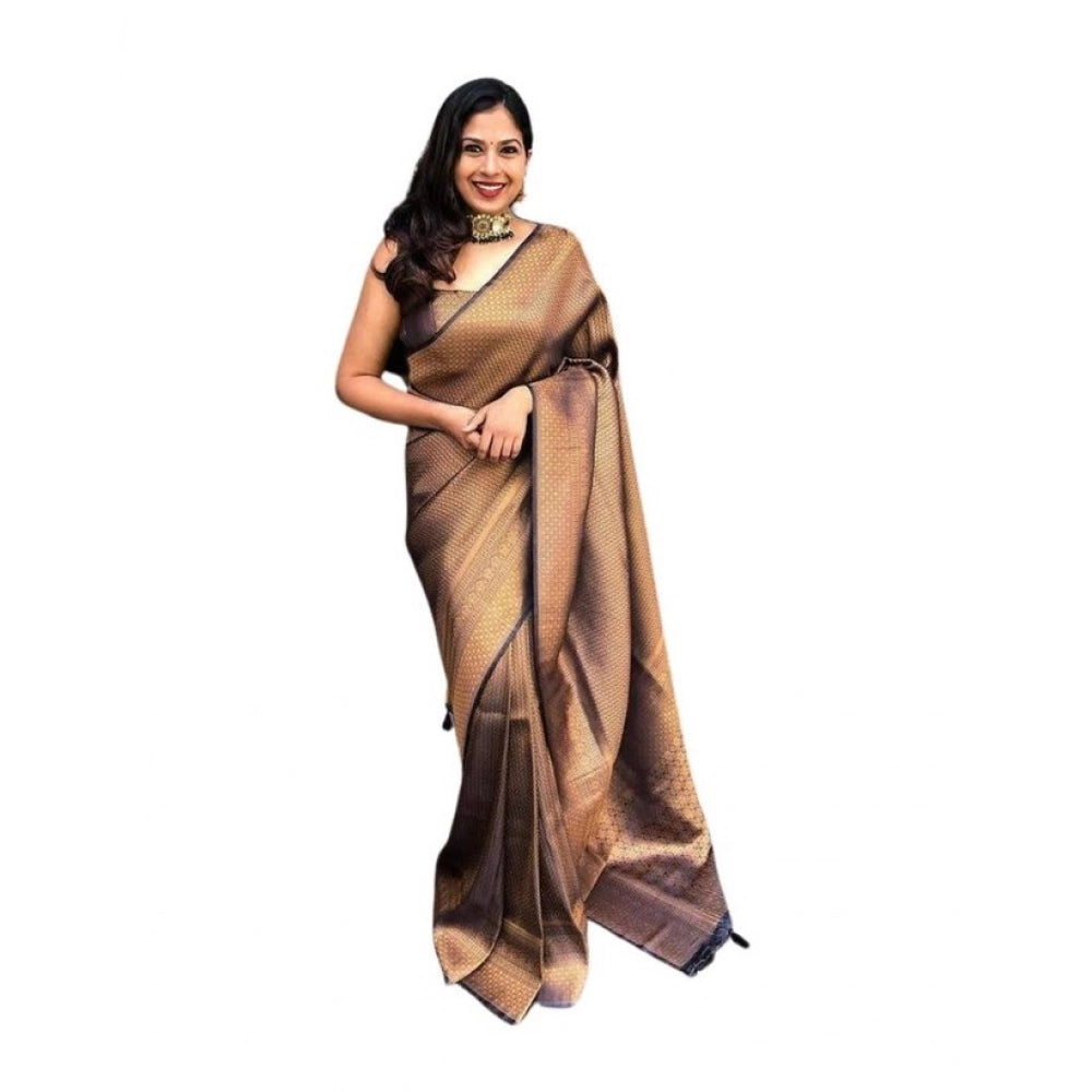 Generic Women's Soft Lichi Silk Printed Saree With Unstitched Blouse 5.5Mtr (Black-Gold)