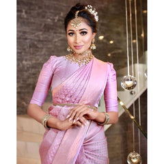 Generic Women's Soft Lichi Silk Printed Saree With Unstitched Blouse 5.5Mtr (Pink)